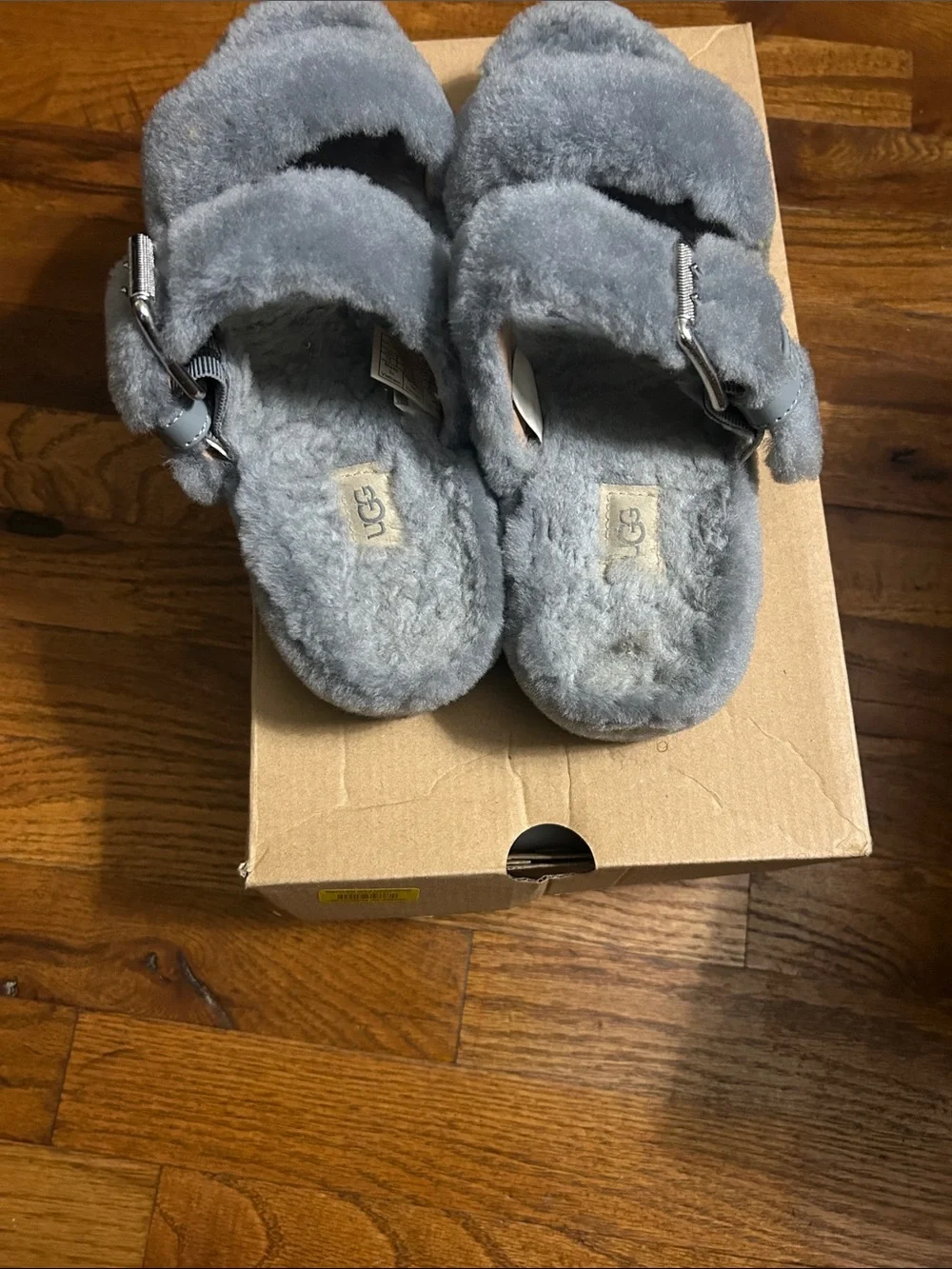 UGG Gray Fluff Double-Strap Slide Sandals with Buckle
